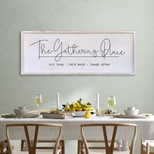 The Gathering Place Wall Decor Sign 40"x15" Large Family Dining Room Vintage Wooden Framed Country Farmhouse Simple And Rustic Hanging For Kitchen Home Wall Art Decoration (White)