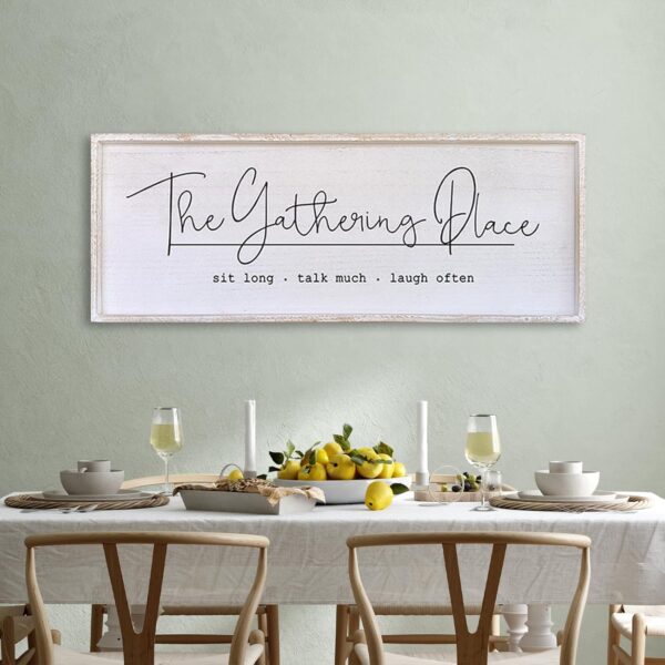 The Gathering Place Wall Decor Sign 40"x15" Large Family Dining Room Vintage Wooden Framed Country Farmhouse Simple And Rustic Hanging For Kitchen Home Wall Art Decoration (White)