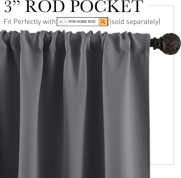RYB HOME Blackout Curtains for Bathroom - Solid Light Block Blinds Privacy Light Block Drapes for Kitchen Cabinet Kids Nursery Bedroom Laundry Cafe Window Decor, W 29 x L 36, Grey, 1 Pair - Image 2