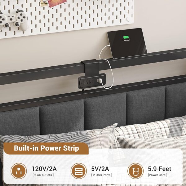 Hasuit Corner Bed Frame Twin Size with LED Light and Charging Station, Line Fabric Upholstered Twin Bed with 2 Underbed Storage Drawers, Modern Daybed No Box Spring Needed/Noise-Free, Gray - Image 4