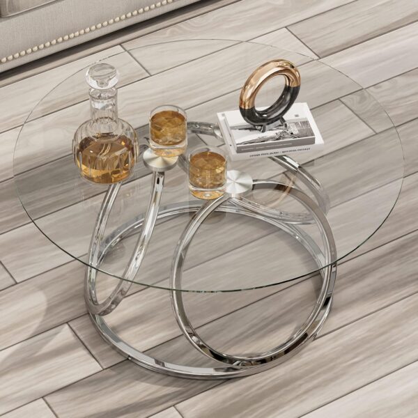O&K FURNITURE Silver Coffee Table, Modern Glass Coffee Table Living Room Table with Ring-Shaped Frames, Glass Coffee Table for Home&Office, Chrome Finish, 1 PC - Image 4