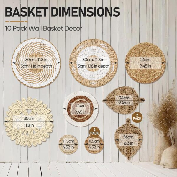 OGEMXU 10 Pcs Boho Wall Basket Decor, Round Rustic Woven Decorative, Handmade Wicker Wall decor Basket Set, Seagrass Wall Hanging for Bedroom, Living Room, Dining Table - Image 3