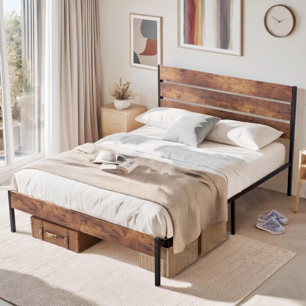 VECELO Full Size Platform Bed Frame with Rustic Wood Headboard and Footboard, Mattress Foundation, Strong Metal Slats Support, No Box Spring Needed - Image 4