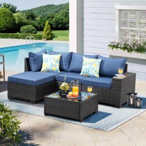 Patio Furniture Set 5 Pieces All Weather Patio Conversation Sets Wicker PE Rattan Outdoor Sectional Couch Sofa Set with Cushion Ottoman & Coffee Table for Garden, Backyard, Poolside Beige
