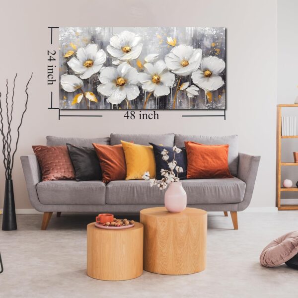 CIRABKY Flower Wall Art for Bedroom - White Wall Decor - Gold Wall Art for Living Room Office Artwork Canvas Pictures Size 20" x 40" - Image 6