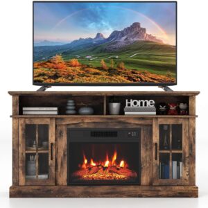 COSTWAY Electric Fireplace TV Stand for TVs Up to 65 Inches, 1400W Heater Insert with Remote Control, 6H Timer, 3-Level Flame, Overheat Protection and CSA Certification, Adjustable Shelves, Brown