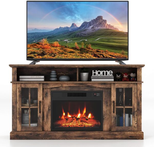COSTWAY Electric Fireplace TV Stand for TVs Up to 65 Inches, 1400W Heater Insert with Remote Control, 6H Timer, 3-Level Flame, Overheat Protection and CSA Certification, Adjustable Shelves, Brown