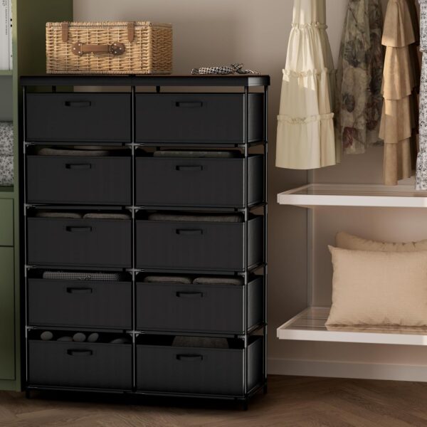 Dresser with 10 Fabric Drawer Solid Wood TV Stand Desktop Sturdy Metal Support Tube Cube Storage Cabinet for Closet Bedroom Organization Dorm Front Hall Entryway (10 Drawer) - Image 3