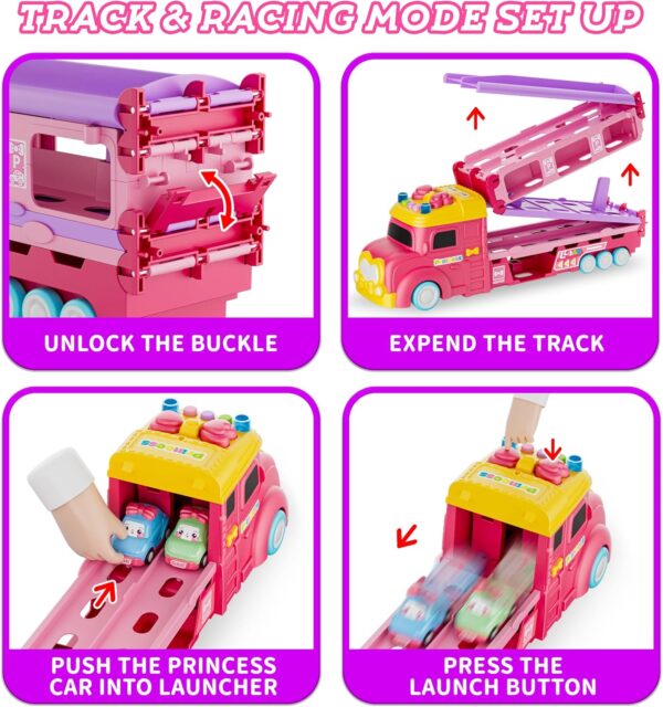 Car Toys for Age 2 3 4 5 6 7 Year Girl Toddler, Foldable Track & 2 Player Race Mode Game, Light & Sound Push Transport Carrier Truck W/ 6 Princess Car, Birthday Gift Idea for Kid - Image 4