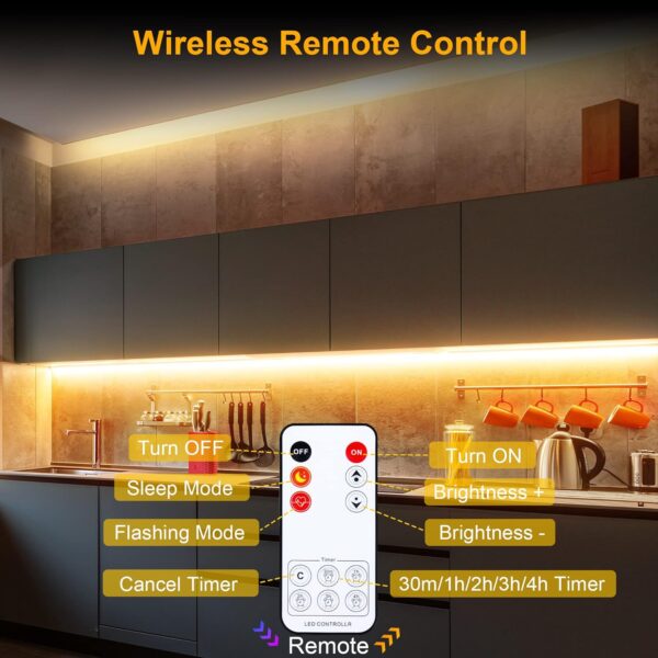 LAFULIT Under Cabinet Lighting Kit - 8 PCS, 2700K Warm White Flexible LED Strip Lights with Remote and Power Adapter for Kitchen Cabinets, Shelf, Desk, Counter - 13ft - Image 4