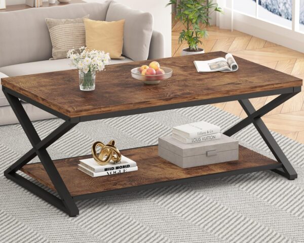 HSH Rustic Coffee Table with Storage Shelf, Industrial Metal Wood Living Room Table, Farmhouse Minimalist Rectangle Center Table, Vintage Simple 2 Tier Cocktail Table Tea Table, Rustic Brown, 47 Inch - Image 3