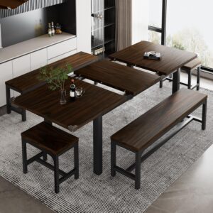 iPormis 5-Piece Dining Table Set for 4-8 People, Extendable Kitchen Table Set with 2 Benches and 2 Square Stools, Mid-Century Dining Room Table with Metal Frame & MDF Board, Saving Space, Espresso