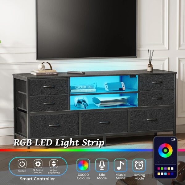 Dresser for Bedroom with Power Outlets and LED Lights, 7 Drawers TV Stand Dresser for 55 Inch TV, 47 Inches TV Console with Open Shelf, Wide Black Dresser, PU Leather, for Bedroom - Image 4