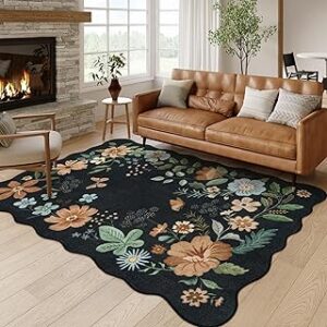 Lahome Floral Rugs for Living Room, 5x7 Area Rugs Ultra-Thin Soft Washable Rug, Non-Slip Bedroom Rug Stain Resistant Lightweight Boho Rug Low-Pile Throw Rug for ‎Dining Room Office (5x7ft,Black/Grey)
