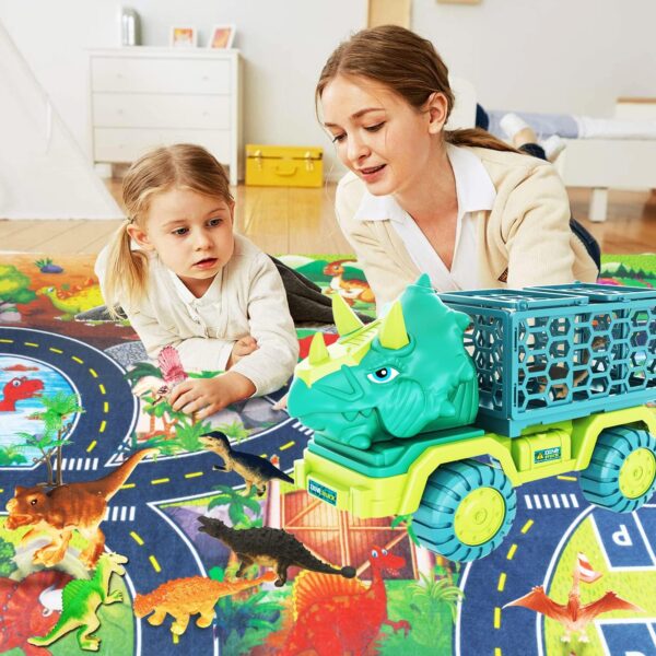 HONGID Dinosaur Truck Toys for Kids 3-5, Triceratops Car Toy with 15 Dino Figures,Large Activity Play Mat, Dinosaur Eggs, Dinosaur Play Set for Boys and Girls,Christmas Xmax,Stocking Stuffers - Image 2