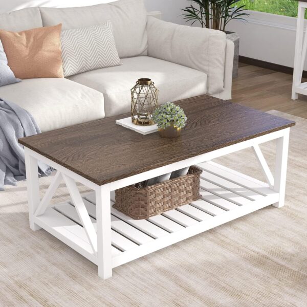 ChooChoo Farmhouse Coffee Table, Rustic Vintage Living Room Table with Shelf, 40 White - Image 4