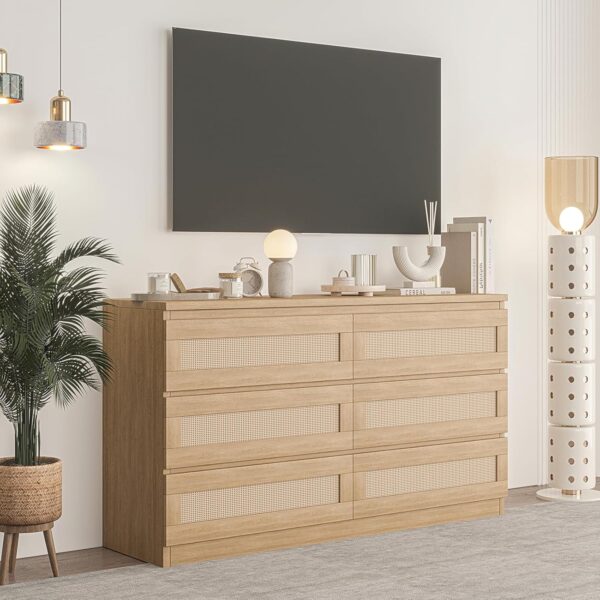 Jojoka Rattan Dresser for Bedroom, Modern 6 Drawer Double Dresser with Anti-Tip Kit, Wood Storage Wide Chest of Drawers for Bedroom, Living Room, Hallway, Natural - Image 6