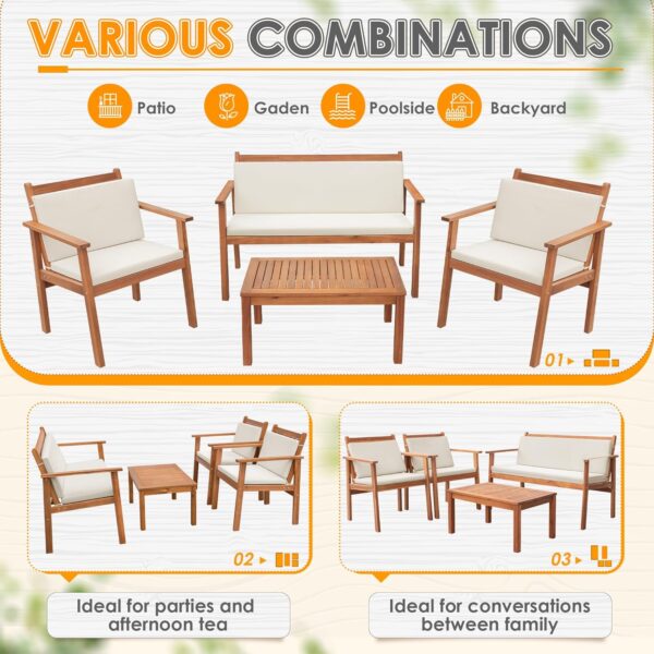 Greesum 4 Piece Bistro Patio Furniture Outdoor Chat Chair Set with Water Resistant Cushions and Coffee Table for Beach Backyard Garden, Acacia Wood - Image 6