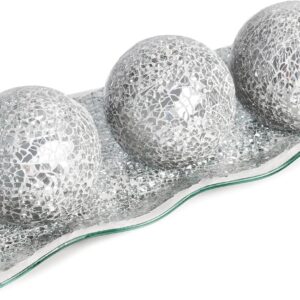 JOHOUSE 3PCS Decorative Glass Bowl and Orbs Set, 3 Inch Silver Mosaic Sphere Balls Centerpiece Balls for Bowls Vases Dining Table Home Decor Wedding Party