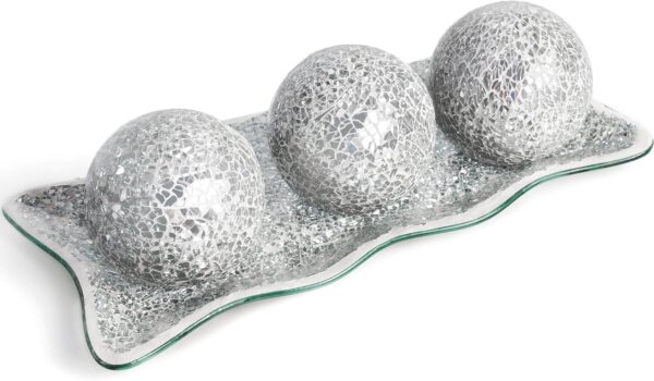 JOHOUSE 3PCS Decorative Glass Bowl and Orbs Set, 3 Inch Silver Mosaic Sphere Balls Centerpiece Balls for Bowls Vases Dining Table Home Decor Wedding Party