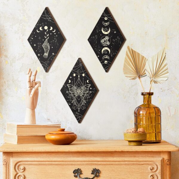 Ferraycle 3 Pcs Rustic Boho Wall Decor Moon Phases Butterfly Wall Art Stars Moon Decor Minimalist Room Decor Wooden Gothic Witchy Wall Pediments Hanging Sign for Home (Black, Gold, 6.7 x 11.8 Inch) - Image 6