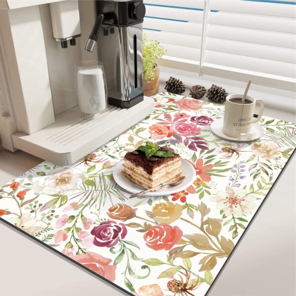 LOKHOM Dish Drying Mat for Kitchen Counter, 18"x24" Absorbent Coffee Bar Mat with Pink Roses Petals , Dish Drainer Rack Mats for Kitchen Counter Coffee Maker Coffee Pot Dining Room Decoration - Image 2