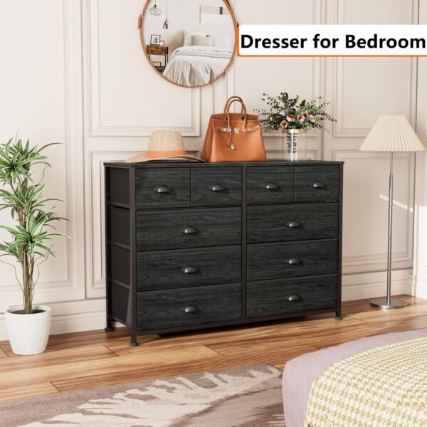 Furnulem 10 Drawer Dresser for Bedroom, Chest of Drawer for 55'' Long TV Stand Entertainment Center, Storage Organizer for Closet, Living Room, Entryway, Fabric Bins, Wood Top, Metal Frame(Black Oak) - Image 5
