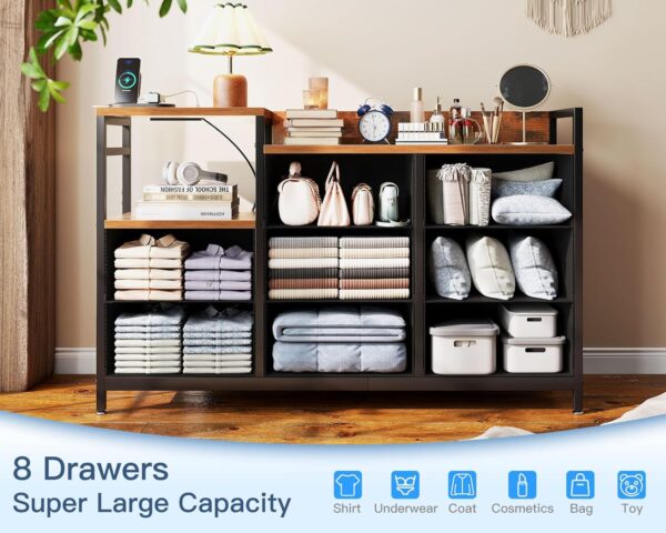 Casaottima Dresser for Bedroom with Charging Station, 52" Long Dresser with 8 Storage Drawers, Large Fabric Dressers Chests of Drawers with Shelves, Black and Vintage - Image 2