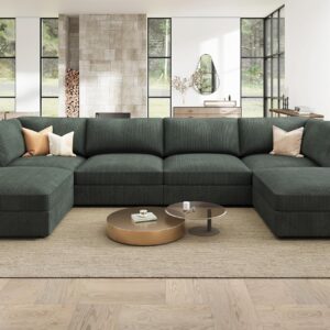 HONBAY Modular Sectional Couch with Storage Corduroy Sectional Sofa with Chaise U Shaped Sectional Couches for Living Room,Green