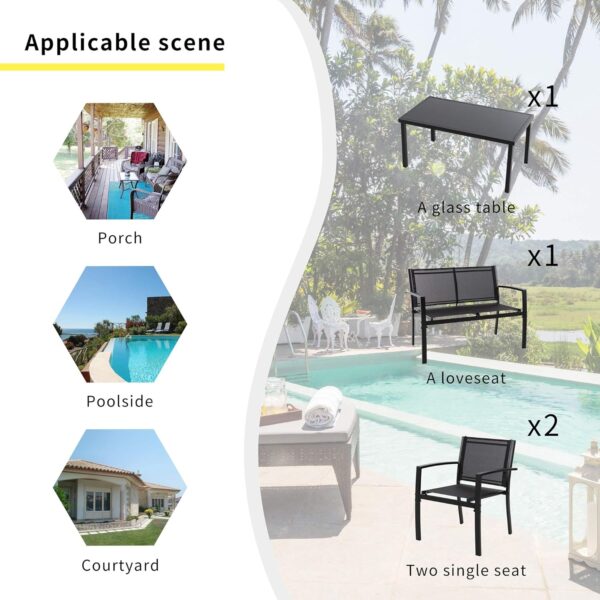 Shintenchi 4 Pieces Patio Furniture Set All Weather Textile Fabric Outdoor Conversation Set, with Glass Coffee Table, Loveseat, 2 Single Chairs for Home, Garden, Lawn, Porch（Black） - Image 5