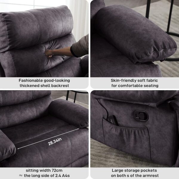 Oversized Recliner Chair, Plus Size 28 inch Large Wide Seat Manual Flannel Recliner with Pockets, Massage Heated Pillow 350 lb Capacity for Living Room Adults Dark Grey - Image 6