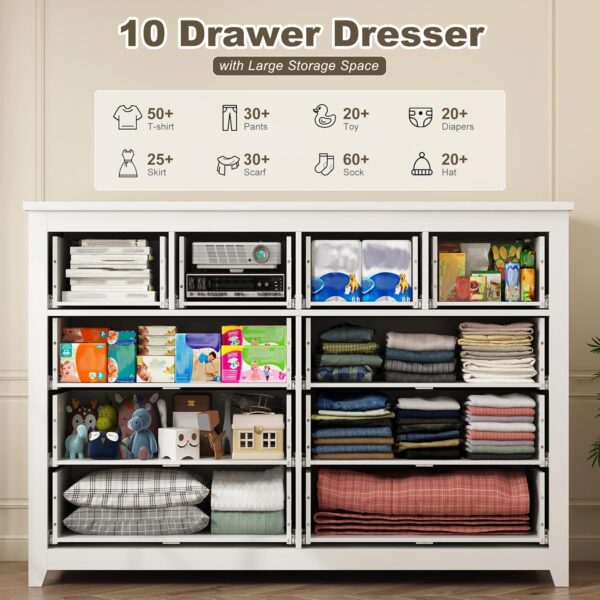 EnHomee White Dresser, Dresser for Bedroom with 10 Deep Drawers Wood Dresser with Smooth Metal Rail, Large Dressers & Chests of Drawers Wide Dresser,52.2W*15.8" D*35.8" H - Image 4