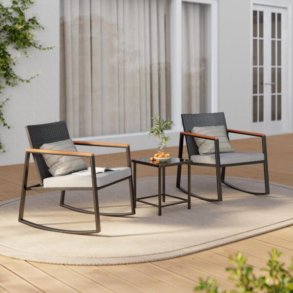 Gizoon 3 Pieces Rocking Patio Bistro Set with Anti-Scald Armrest, Outdoor Patio Wicker Furniture Set with Glass Table and Cushion for Garden, Yard, Porch - Image 2
