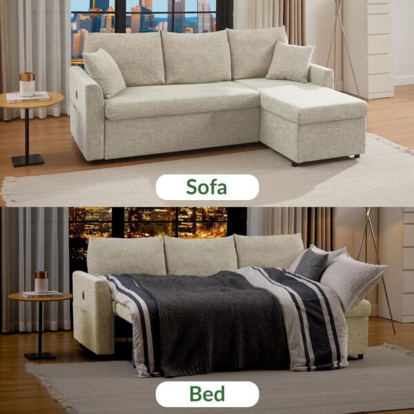 L Shaped Convertible Sleeper Sofa Bed, Sectional Couch for Living Room - Dual USB-C Charging, Pull Out Bed, Reversible Chaise with Storage & Pockets, Removable & Washable Beige Linen Covers - Image 3