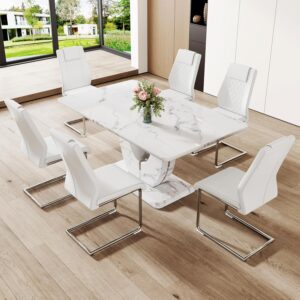 Dining Table Set for 6, Kitchen Table Chairs Set of 6, Modern Dining Room Set with 63'' Marble Dinner Table PU Leather Upholstered Chairs for Kitchen (White-C, White Table with 6 Chairs)