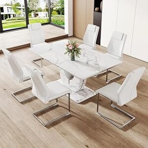 Dining Table Set for 6, Kitchen Table Chairs Set of 6, Modern Dining Room Set with 63'' Marble Dinner Table PU Leather Upholstered Chairs for Kitchen (White-C, White Table with 6 Chairs)