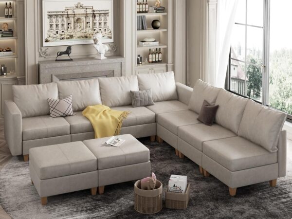 Faux Leather Modular Sectional Couch with Storage, Faux Leather Couch sectional Sofa l Shape 9 Seat Modular Sectional Sofa Couch for Living Room Whitesand