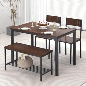SogesHome 4-Piece Kitchen Table and 2 Chairs for 4 with Bench, Dining Table Set for Small Space, Apartment, Living-Room, Restaurant, Dark Walnut