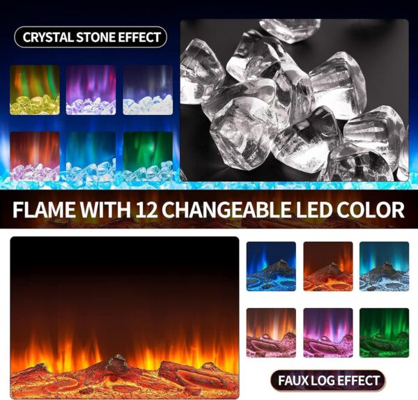 oneinmil Electric Fireplace, 50 inch Wide Recessed/Wall Mounted Electric Fireplace, Remote Control with Timer 12 Adjustable Color Flame, Remote Control,with Crystal Stone, 750/1500W - Image 2