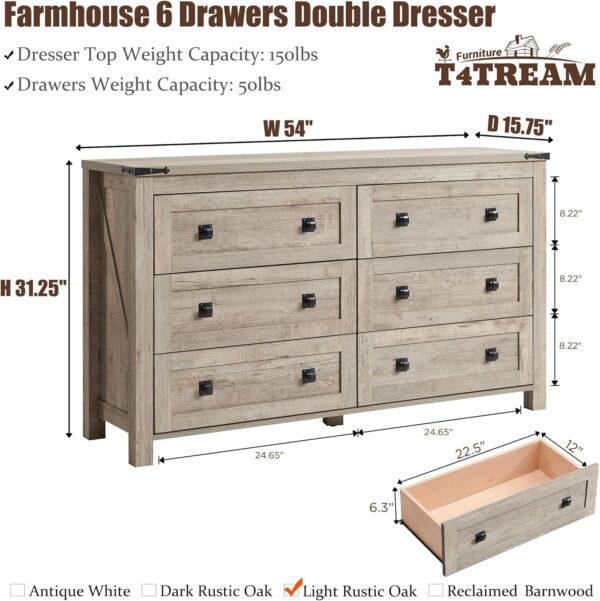 T4TREAM Farmhouse 6 Drawers Dresser for Bedroom, Wood Rustic Wide Chest of Drawers, Storage Dressers Organizer for Bedroom, Living Room, Hallway, Light Rustic Oak - Image 2