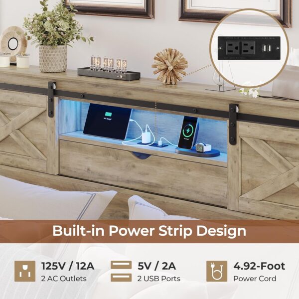 Hasuit Farmhouse Bed Frame California King Size with LED Lights and Charging Station, Wooden Cal King Bed with 2 Storage Drawers, Rustic Headboard with Sliding Barn Door Storage Cabinets, Rustic Oak - Image 4