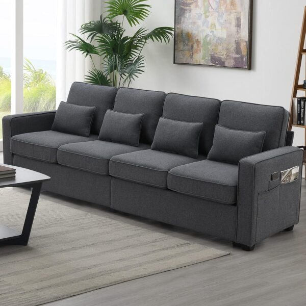 Livavege Upholstered Sectional Sofa with Console, 2 Cup Holders and 2 USB Ports & Wirelessly Charged, Modern Linen Fabric 4-Seat Couch with 4 Pillows for Living Room, Apartment, Office, 114.2inch