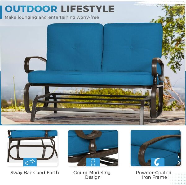 Crownland Outdoor Patio Glider Chair Porch Furniture Loveseat Seating, Wrought Iron Patio Glider for Outside with Cushion (Peacock Blue) - Image 3