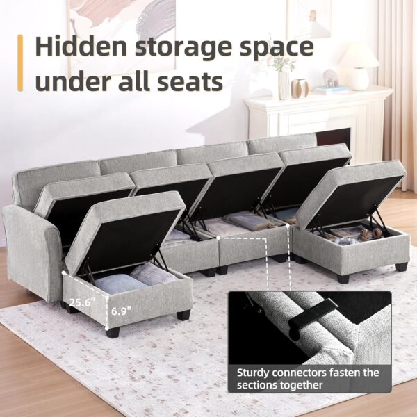 Tbfit Modular Sectional Sofas for Living Room, Sleeper Sofa Bed with Storage Ottoman, Convertible U-Shaped Couch with Adjustable Armrests and Backrests, Light Grey(Chenille) - Image 4