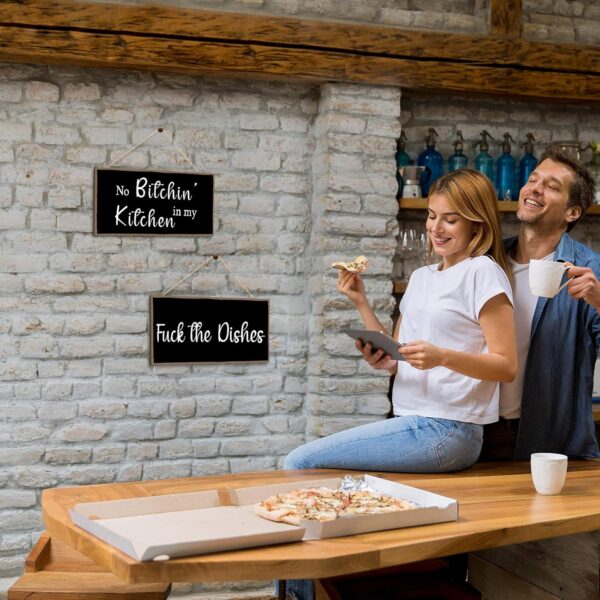 Jetec 2 Pieces Funny Kitchen Signs the Dishes Hanging Wall Art Sign No Bitchin in My Kitchen Rustic Wooden Wall Signs Decorative Wood Sign Home Kitchen Decor, 10 x 5 Inch (Stylish) - Image 3
