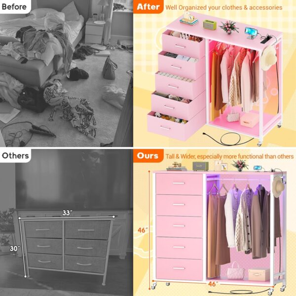 Cyclysio Dresser for Bedroom with Clothes Rack, 5 Drawers Dresser with Charging Station & LED Lights, Black Storage Chest of Drawers with Wheels, Wooden Top, Lockable Wheels, Bedroom, Closet, Pink - Image 5