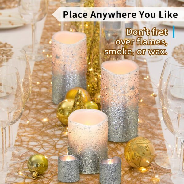 FURORA LIGHTING Silver Glitter LED Candles with Remote and Timer, 4 Pillars and 4 Votives Pack of 8, Real Wax Flameless Flickering Candles for Home Décor, Battery Included - Image 4
