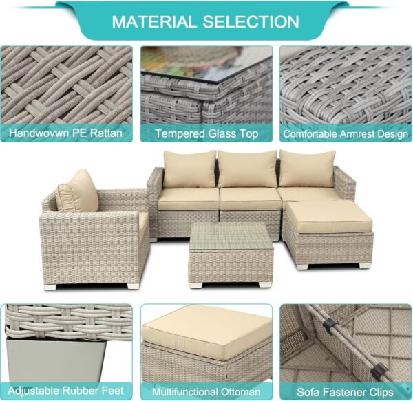 6 Pieces Pieces Patio Furniture Set Outdoor Sectional Wicker Patio Furniture Patio Couch with Ottoman for Lawn, Balcony, Garden, Backyard (Gray-Beige) - Image 4