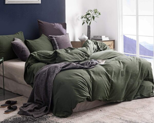 ECOCOTT 3 Pieces Duvet Cover Queen 100% Washed Cotton 1 Duvet Cover with Zipper and 2 Pillowcases, Ultra Soft and Easy Care Breathable Cozy Simple Style Bedding Set (Avocado Green) - Image 2