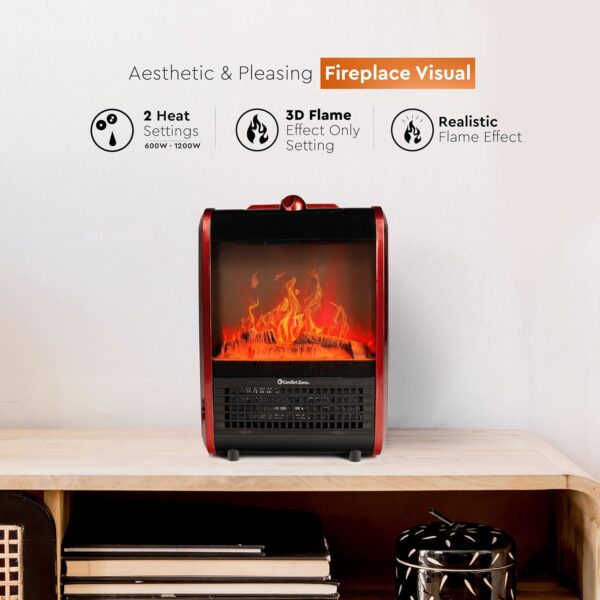 Comfort Zone Electric Mini Fireplace Space Heater with Realistic 3D Flame, Stay-Cool Body, Carry Handle, Overheat Sensor, and Safety Tip-Over Switch, Ideal for Home, Bedroom, & Office, 1,200W, CZFP1 - Image 4